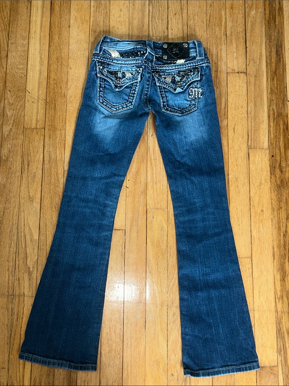 Women's Blue Flare Jeans with Embellished Back Pockets